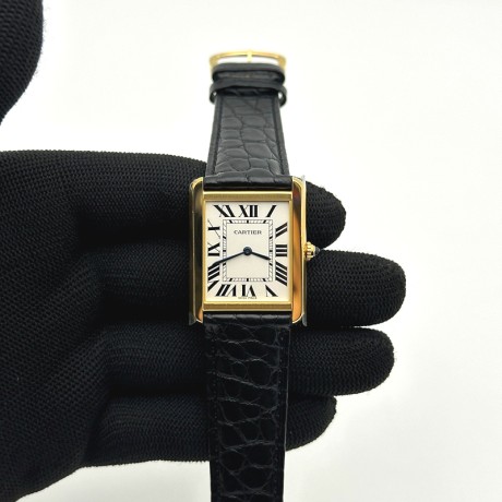 K11공장 까르띠에 옐로우골드금통 탱크솔로 27 악어가죽스트랩 Tank Solo 27mm K11F YG White Dial on Black Leather Strap Ronda Quartz