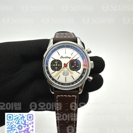BLS공장 브라이틀링 탑타임 DEUS 크로노그래프 스틸 화이트다이얼 가죽스트랩 Top Time Dues Chrono SS/LE Cream/Stk BLS A7750