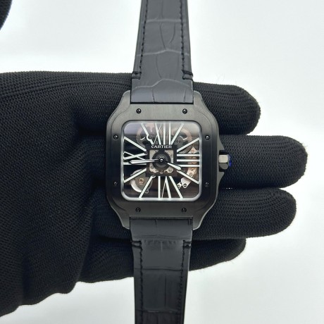 TWF공장 산토스 스켈레톤 PVD블랙케이스 가죽스트랩 Santos skeleton PVD TWF Best Edition Skeleton Dial on Black Leather Strap Ronda Quartz
