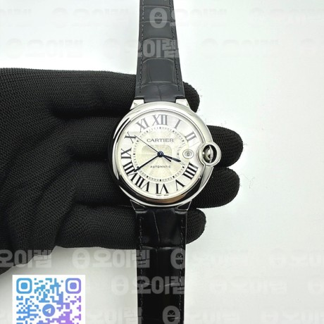 AF공장 까르띠에 발롱블루 42MM 스틸 화이트다이얼 블랙크로커다일스트랩 Ballon Bleu 42mm SS White Texture Dial on Black Crocodile Strap A2892