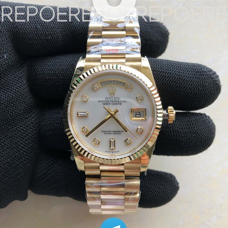 BP공장 롤렉스 데이데이트 36 옐로우골드 자개다이얼 브레이슬릿 DayDate 36mm Flt Pres YG/YG Wht MOP Diam BP Asia 2836