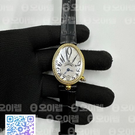 ZF공장 브레게 네이플 옐로우골드 금통 다이아몬드베젤 자개다이얼 아라빅인덱스 가죽스트랩 Reine de Naples YG ZF 1:1 Best Edition White Arabic Dial Diamonds Bezel on Black Leather Strap A537