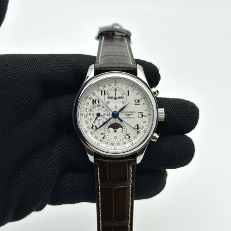 GS공장 론진 마스터컬렉션 문페이즈 스틸 화이트다이얼 가죽스트랩 MASTER MOONPHASE CHRONOGRAPH SS WHITE DIAL ON BROWN LEATHER STRAP A7751