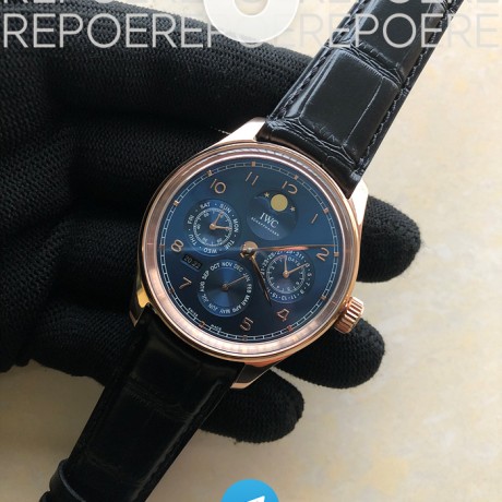V9공장 IWC 포르투기저 애뉴얼캘린더 로즈골드 금통 블루다이얼 가죽스트랩 Portuguese Real PR Real Annual Calendar IW5034 RG V9F Best Edition Blue Dial On Black Leather Strap A52610