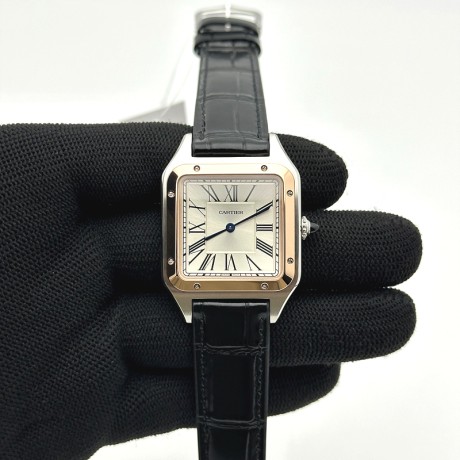 F1공장 까르띠에 산토스 뒤몽 43.5mm 로즈골드콤비 실버다이얼 블랙가죽스트랩 Santos Dumont 43.5mm SS/RG F1F Best Edition Silver Dial on Black Leather Strap Quartz