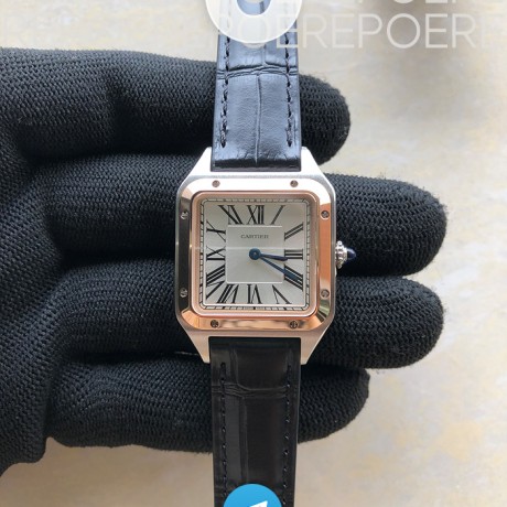 OX공장 산토스 27.5MM 로골콤비 실버다이얼 가죽스트랩 Santos 27.5mm SS/RG Silver Dial on Black Leather Strap Ronda Quartz