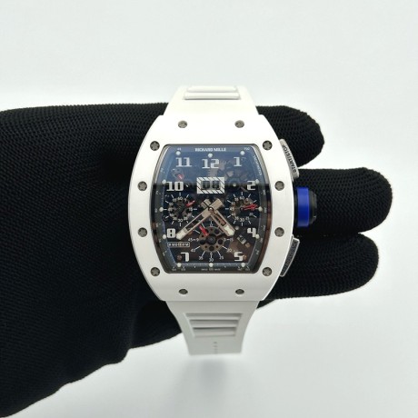 KU공장 리차드밀 RM011 화이트세라믹케이스 스켈레톤다이얼 러버스트랩 RM011 Real White Ceramic Chronograph Crystal Skeleton Dial Blue on White Rubber Strap A7750 KV공장