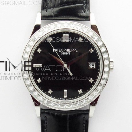 ZF공장 칼라트라바 블랙다이얼 가죽스트랩 Calatrava 5298P-012 SS T Crystal Bezel ZF 1:1 Best Edition Black Dial on Black Leather Strap A324CS