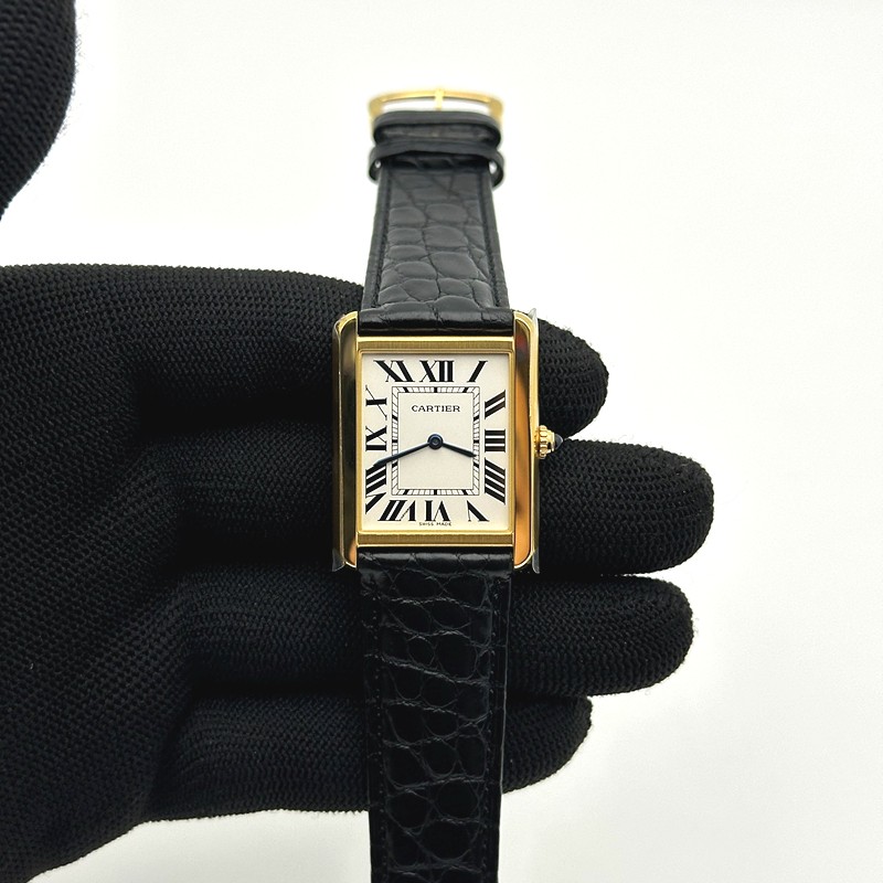 K11공장 까르띠에 옐로우골드금통 탱크솔로 27 악어가죽스트랩 Tank Solo 27mm K11F YG White Dial on Black Leather Strap Ronda Quartz