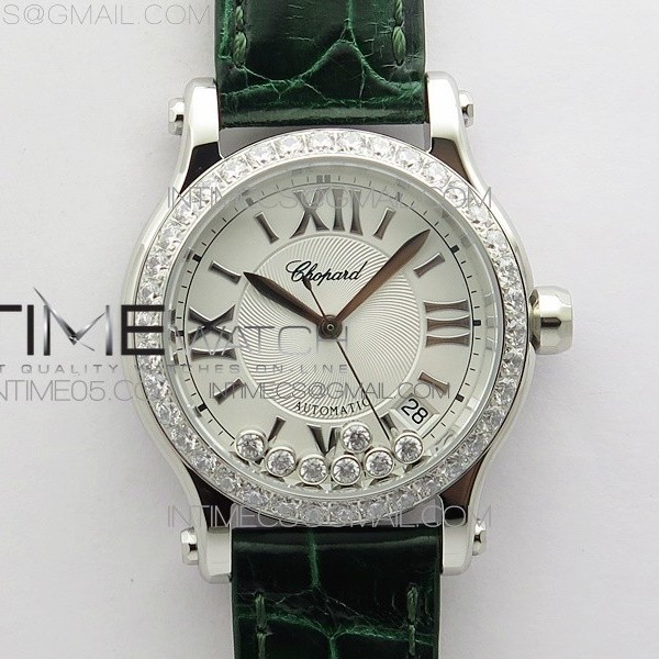 YY공장 쇼파드 해피스포츠 36미리 화이트다이얼 그린가죽스트랩 HAPPY SPORT AUTOMATIC SS 36MM CRYSTAL YYF 1:1 BEST EDITION WHITE DIAL ON GREEN LEATHER STRAP A2892