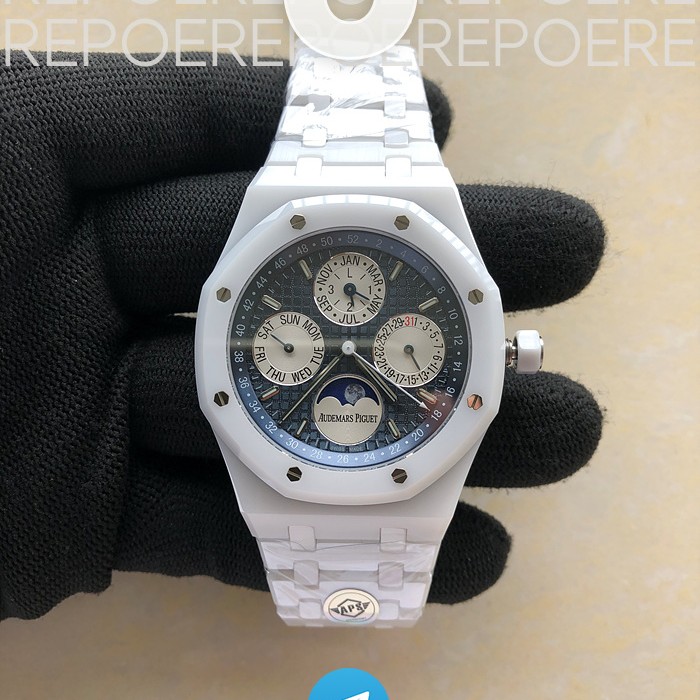 APS공장 오데마피게 로얄오크 퍼페츄얼캘린더 풀화이트세라믹 블루다이얼 브레이슬릿 Royal Oak Perpetual Calendar 26579CB White Ceramic APSF Best Edition on White Ceramic Bracelet A5134 V3