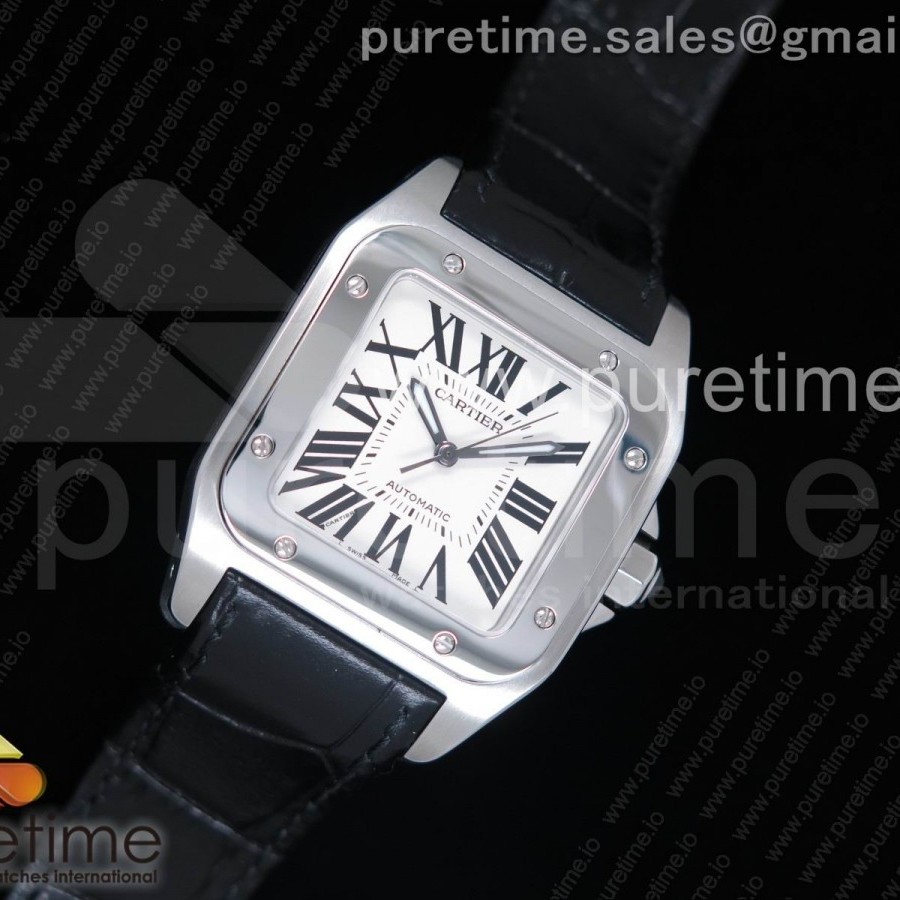 KZ공장 까르띠에 산토스100 미디움 스틸 화이트다이얼 가죽스트랩 Santos 100 33mm SS White Dial on Black Leather Strap SEIKO NH05A