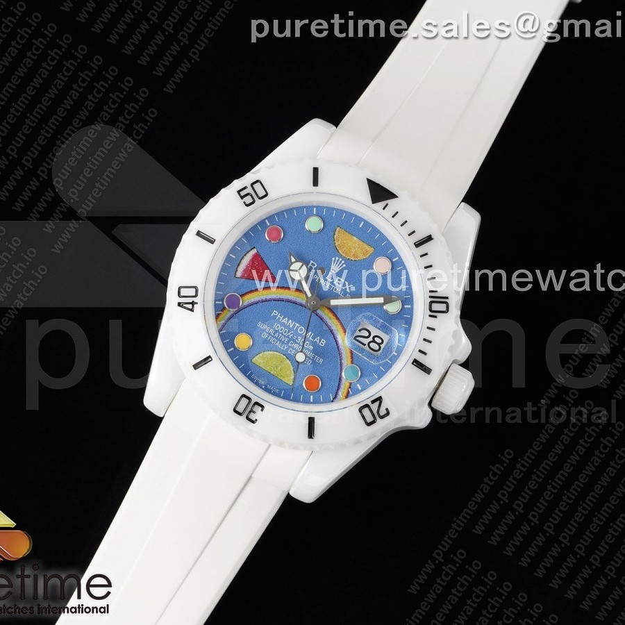 5G공장 롤렉스 커스텀 서브마리너 40 풀세라믹 블루레인보우다이얼 러버스트랩 Submariner 40mm White Ceramic 5GF Best Edition Blue Rainbow Dial on White Rubber Strap SA3135