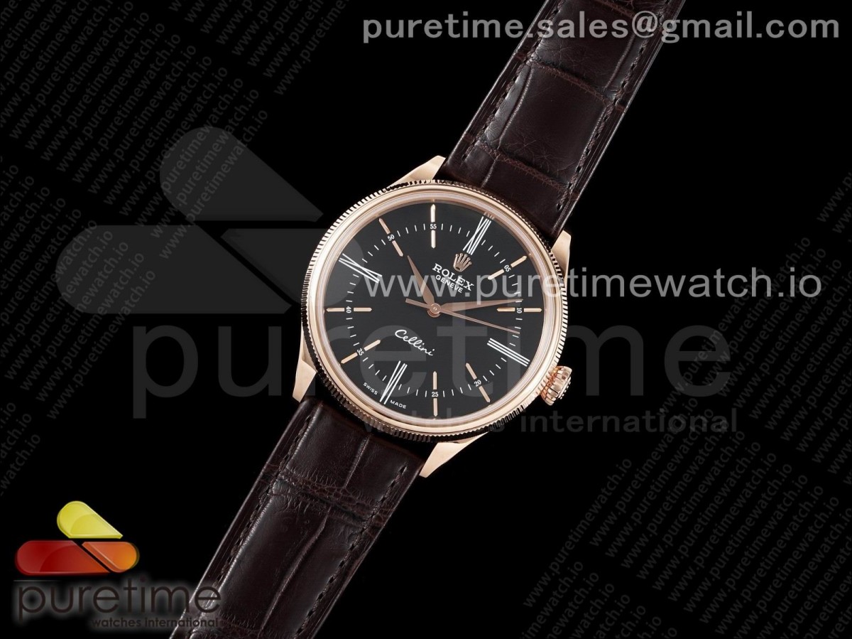 KZ공장 롤렉스 셀리니 로즈골드금통 블랙다이얼 가죽스트랩 Cellini RG KZF 1:1 Best Edition Black Dial on Brown Leather Strap SA3132