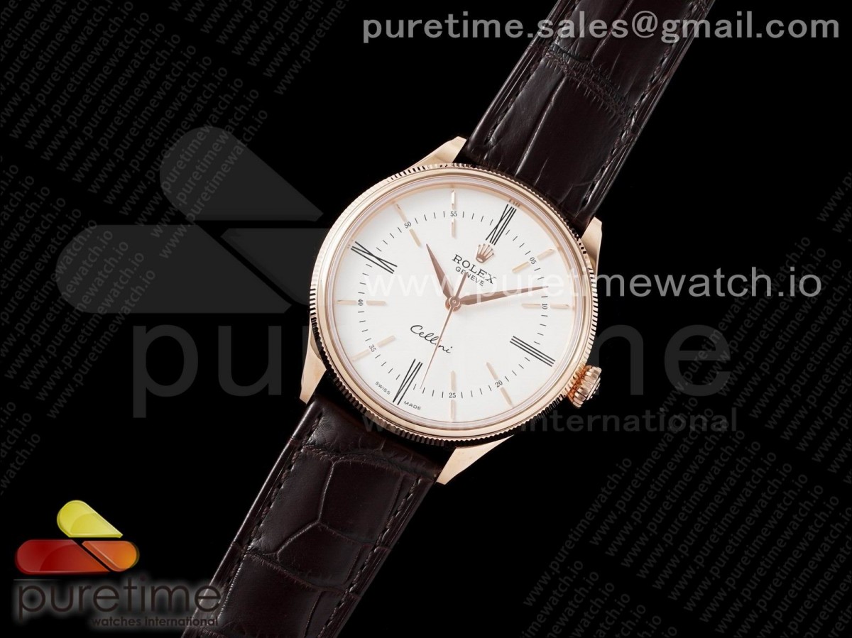 KZ공장 롤렉스 셀리니 로즈골드금통 화이트다이얼 듀얼인덱스 가죽스트랩 Cellini RG KZF 1:1 Best Edition White Dial Roman Markers on Brown Leather Strap SA3132