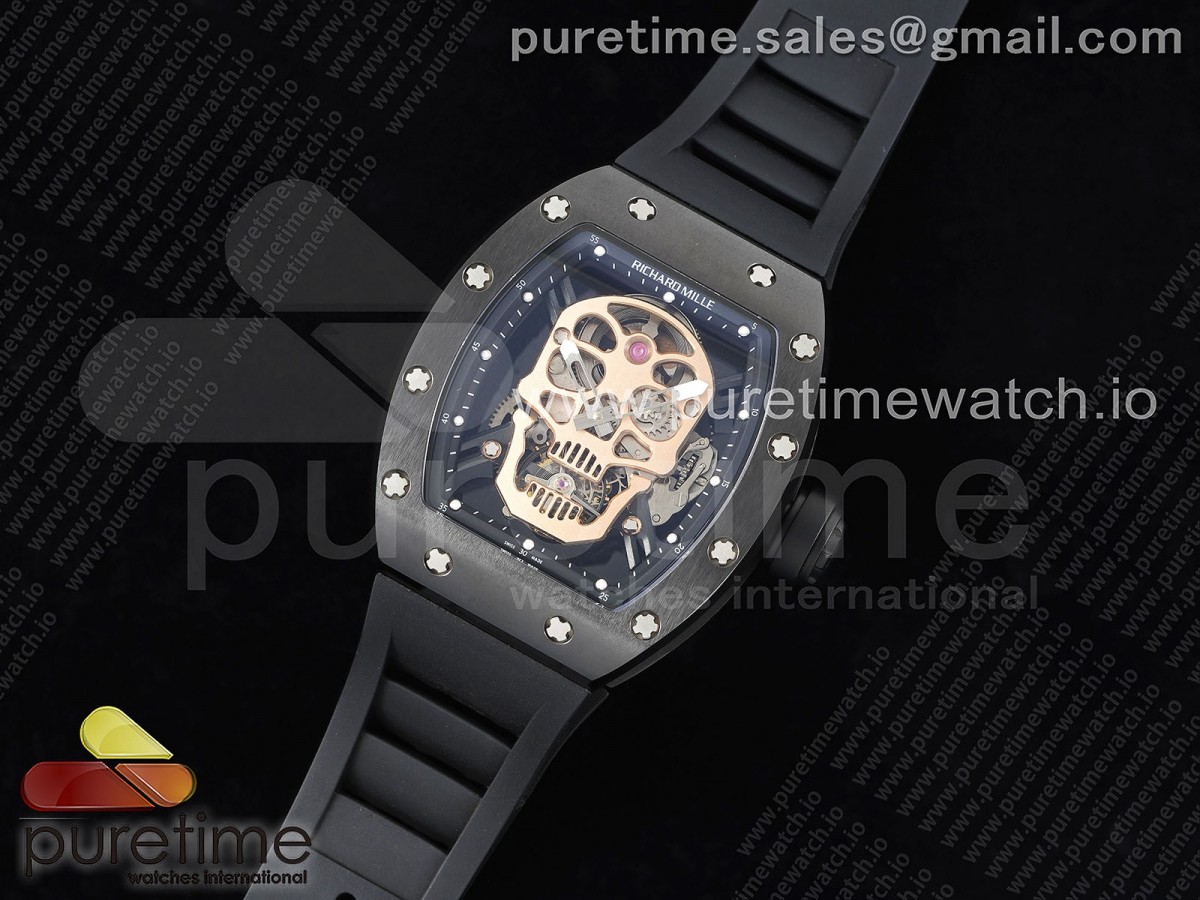 3K공장 리차드밀 RM052 투어빌론 블랙세라믹 스틸스크류 골드스컬다이얼 러버스트랩 RM052 Skull Black Ceramic Real Tourbillon 3KF 1:1 Best Edition Skull Dial on Black Rubber Strap