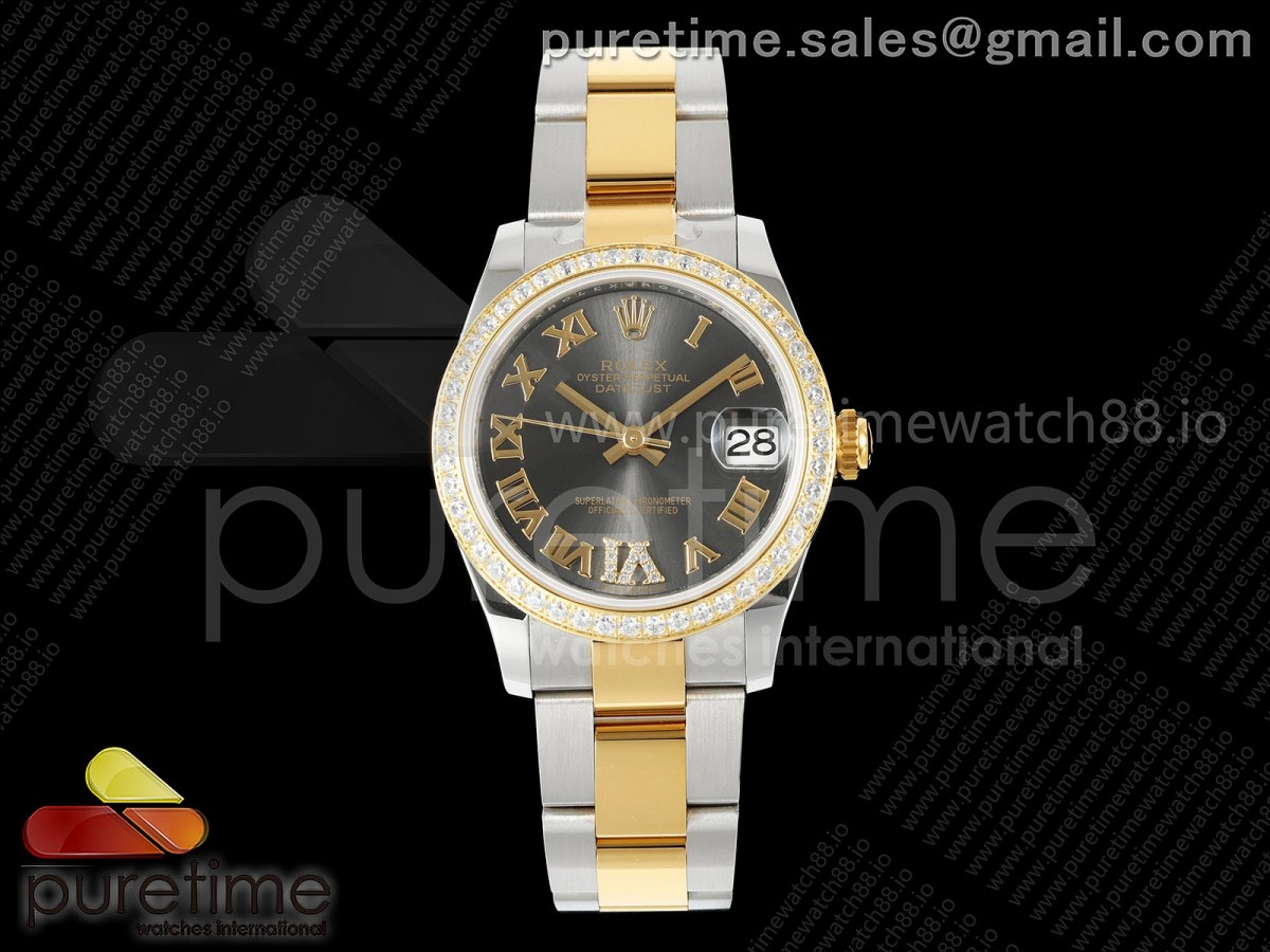 AR공장 롤렉스 레이디 데이저스트 31 옐로우골드콤비 그레이다이얼 로만인덱스 다이아몬드베젤 오이스터브레이슬릿 DateJust 31 SS/YG ARF 1:1 Best Edition Gray Roman Dial Diamonds Bezel on Oyster Bracelet ETA2688