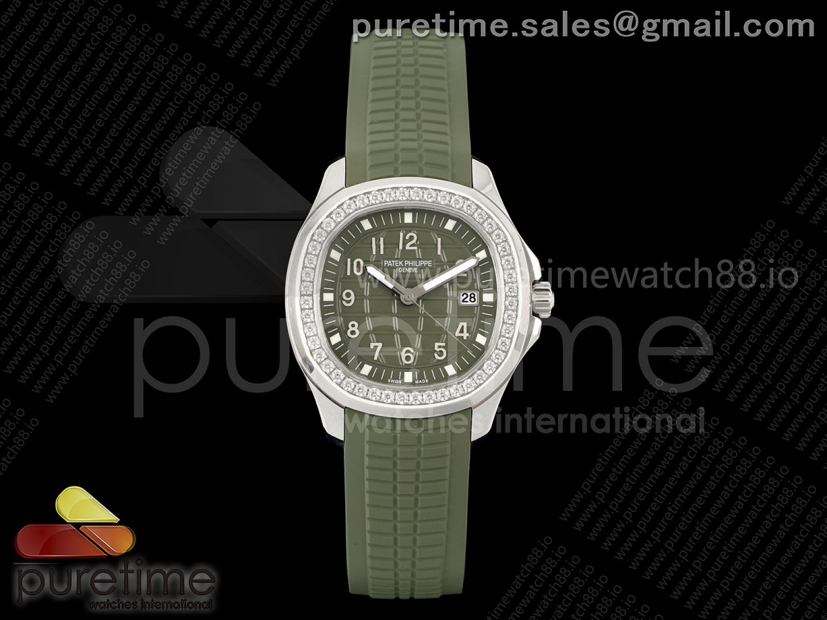 PP공장 파텍필립 아쿠아넛 5267 그린다이얼 다이아몬드베젤 그린러버스트랩 Aquanaut 5267 SS PPF 1:1 Best Edition Green Textured Dial on Green Rubber Strap Ronda Quartz
